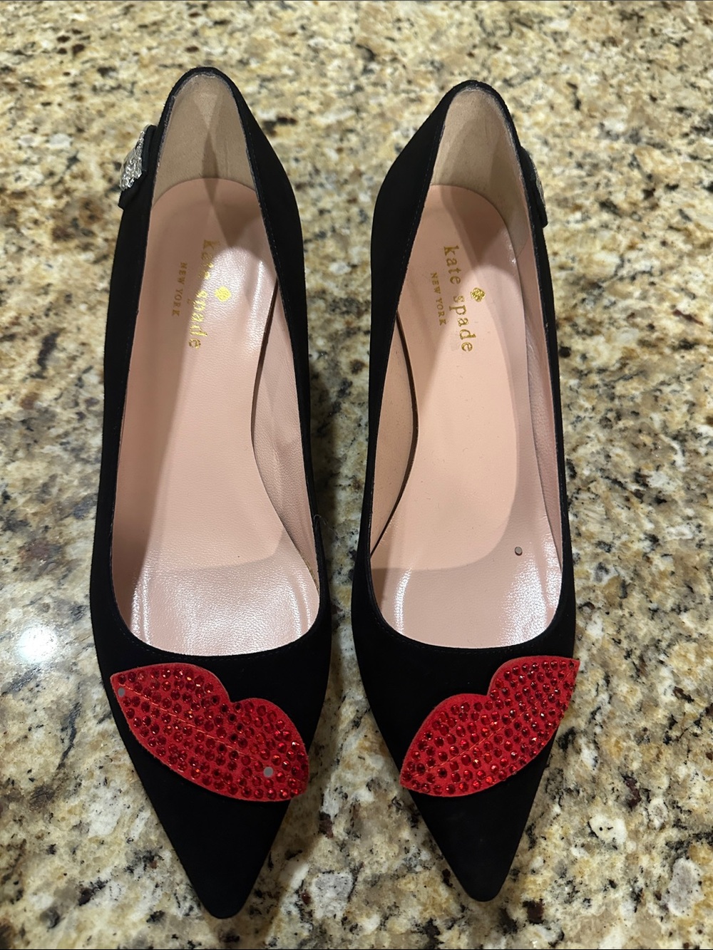 kate spade Black Pointed Pumps with Red Lip Crystal Appliqué